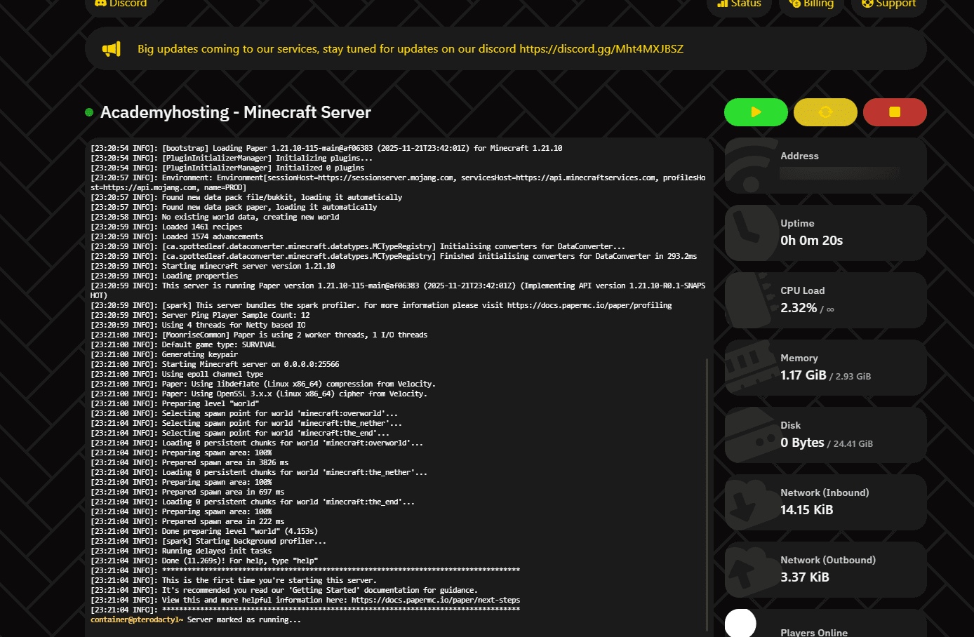Academy Hosting game server control panel showing the console and resource usage
